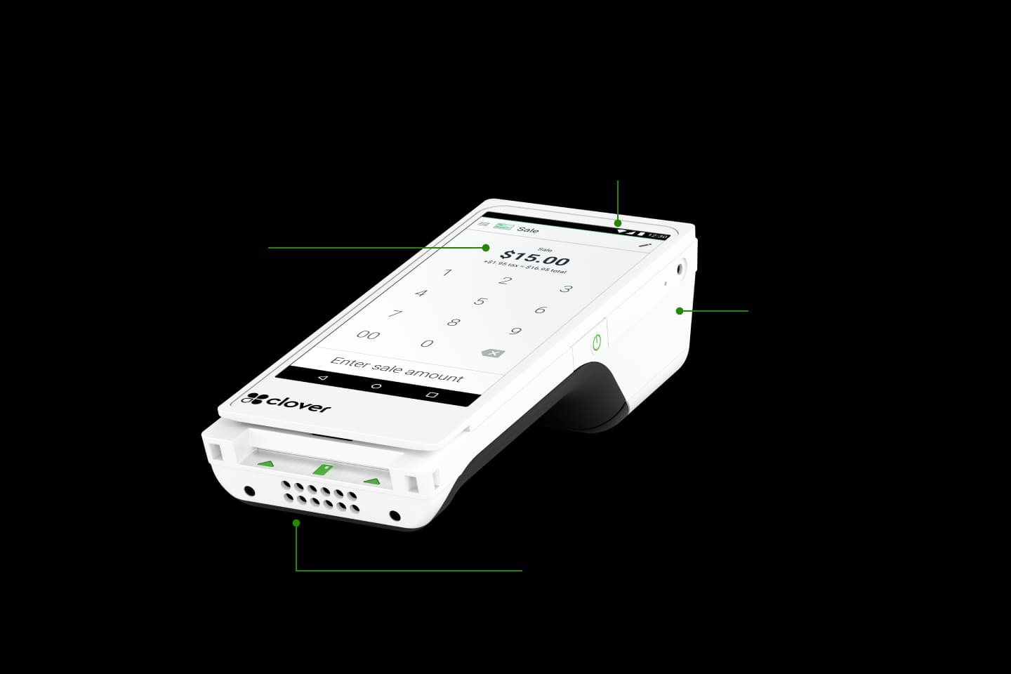 Labeled diagram of Clover Flex: touchscreen, built-in receipt printer, cameras, chip reader, and side controls