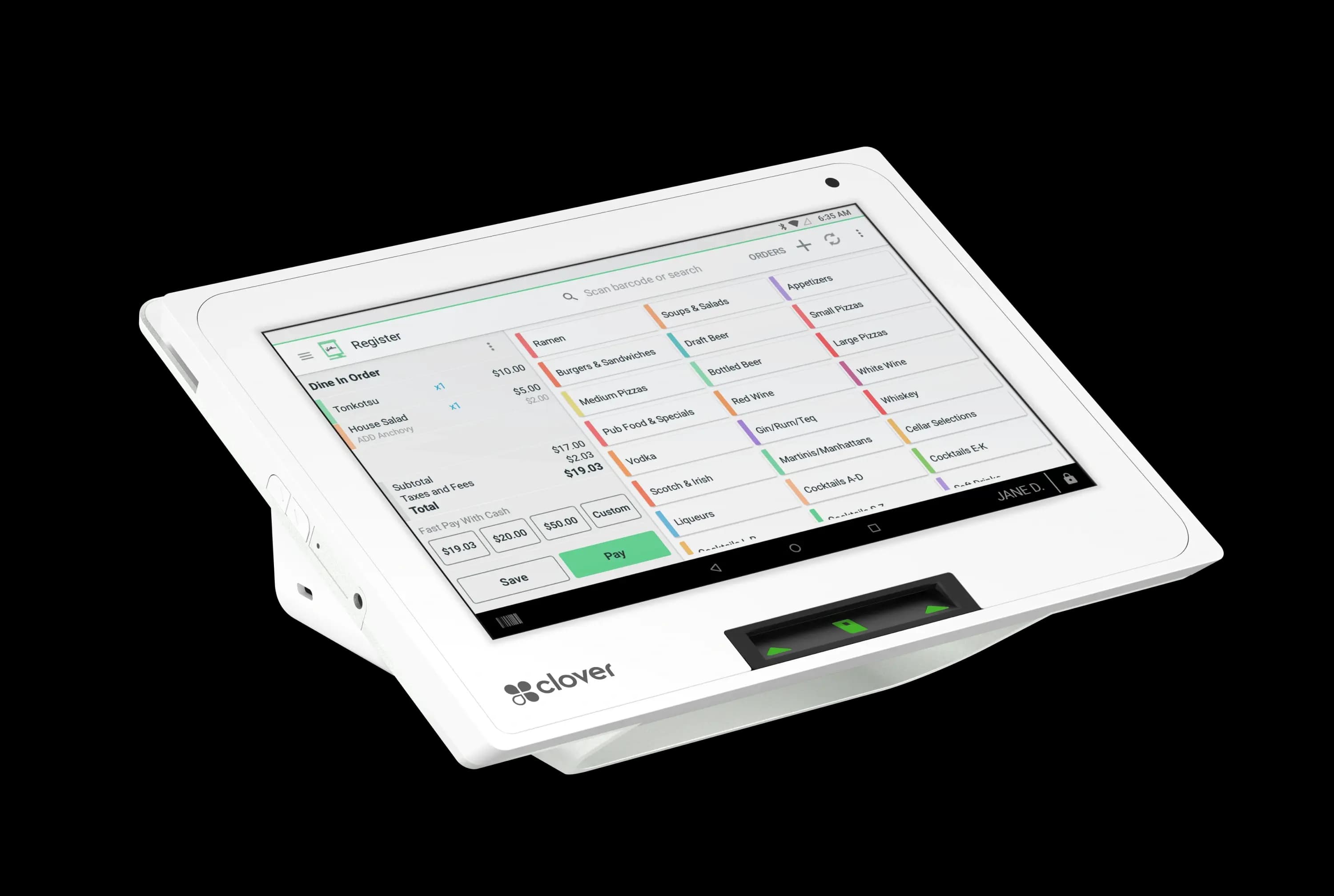 Clover Mini 3 with Register app showing categories, order line, and Pay button