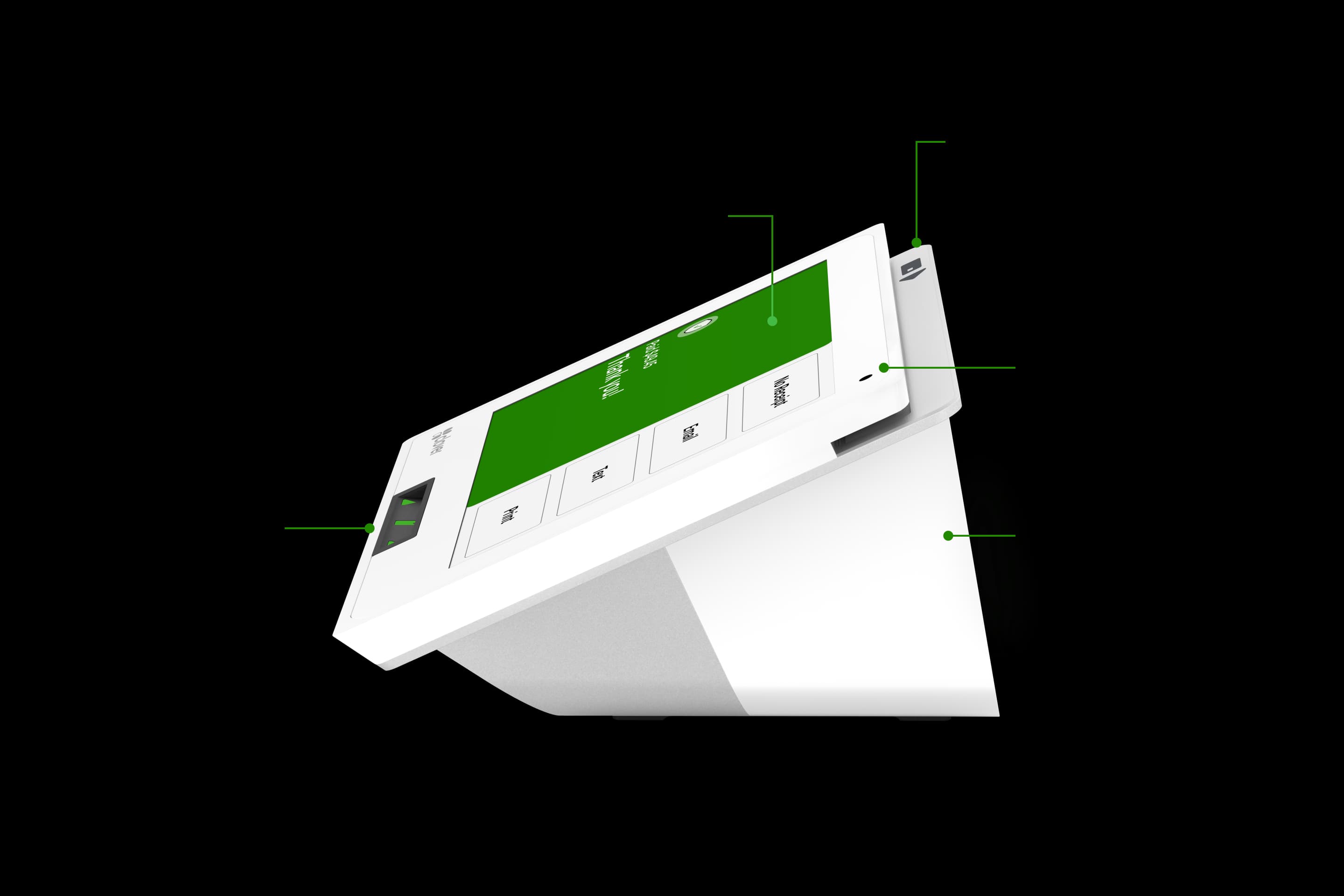 Labeled diagram of Clover Mini 3: touchscreen, receipt printer, cameras, contactless, chip and swipe readers, and accessory connections
