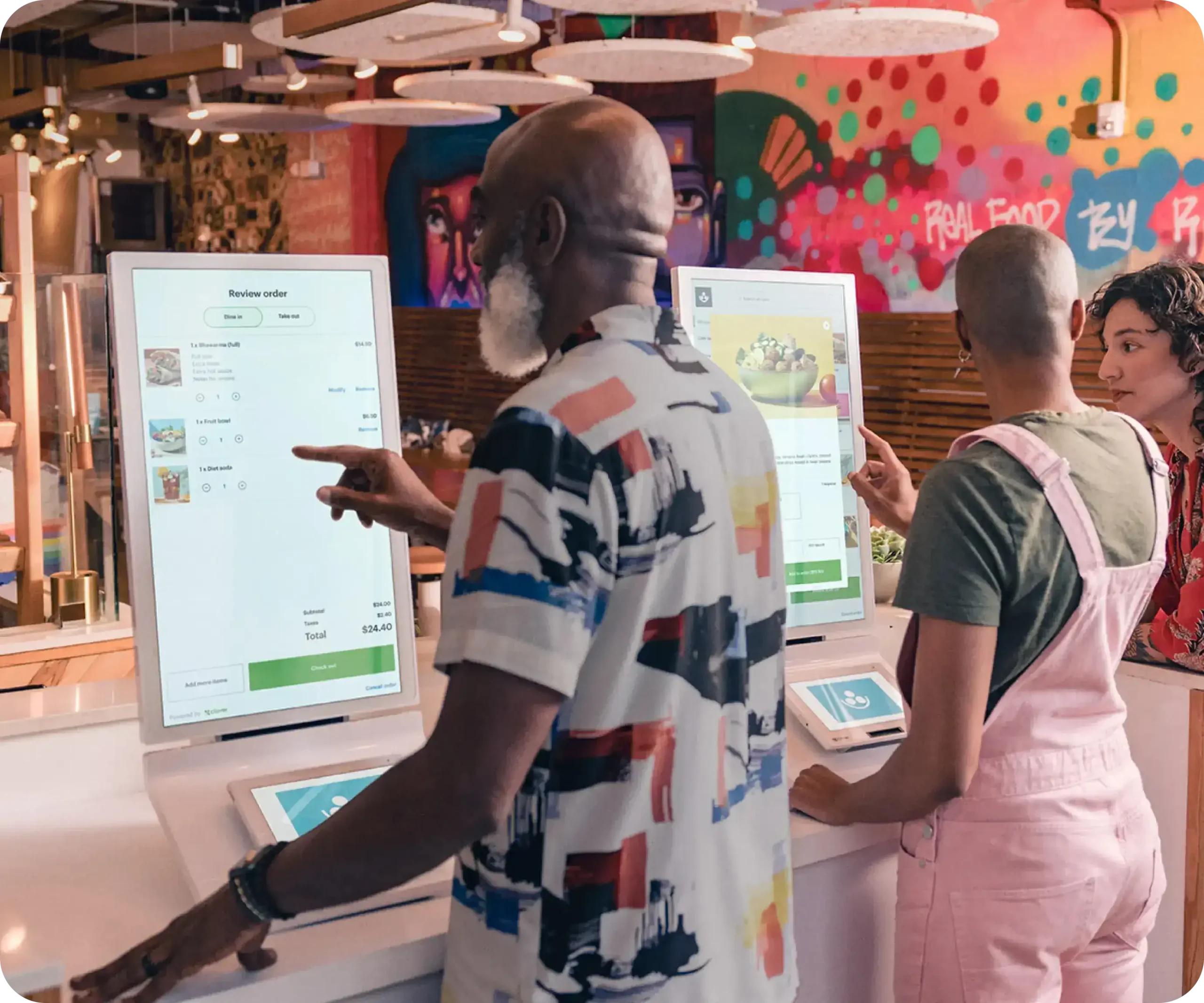Busy cafe counter with active ordering line
