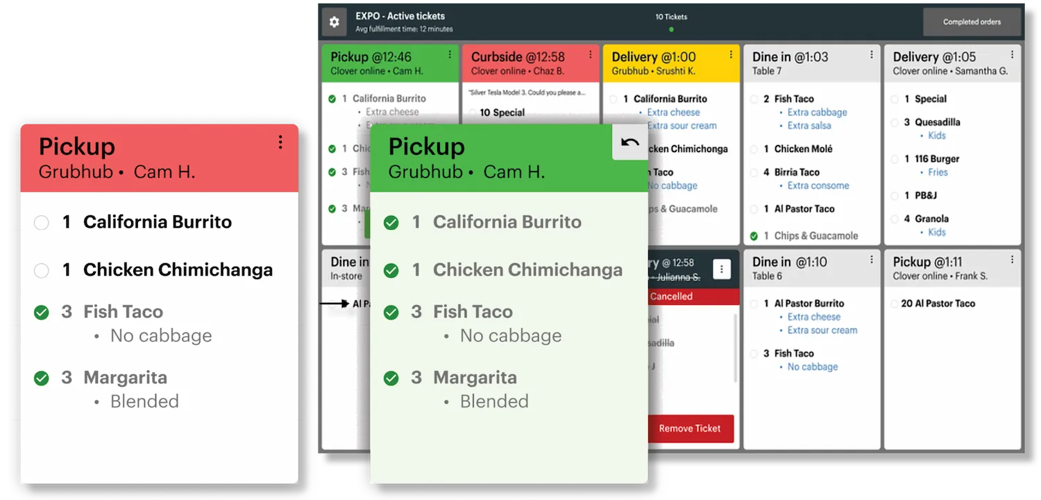 Clover KDS kitchen display with live order management screen
