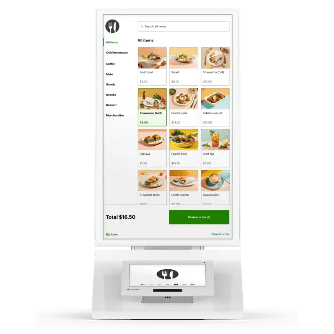 Clover self-ordering kiosk hardware with touchscreen and payment terminal